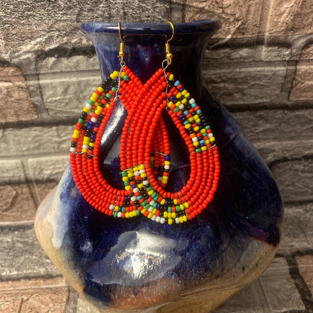 Handmade Maasai Beaded Oval Dangle Earrings From Kenya